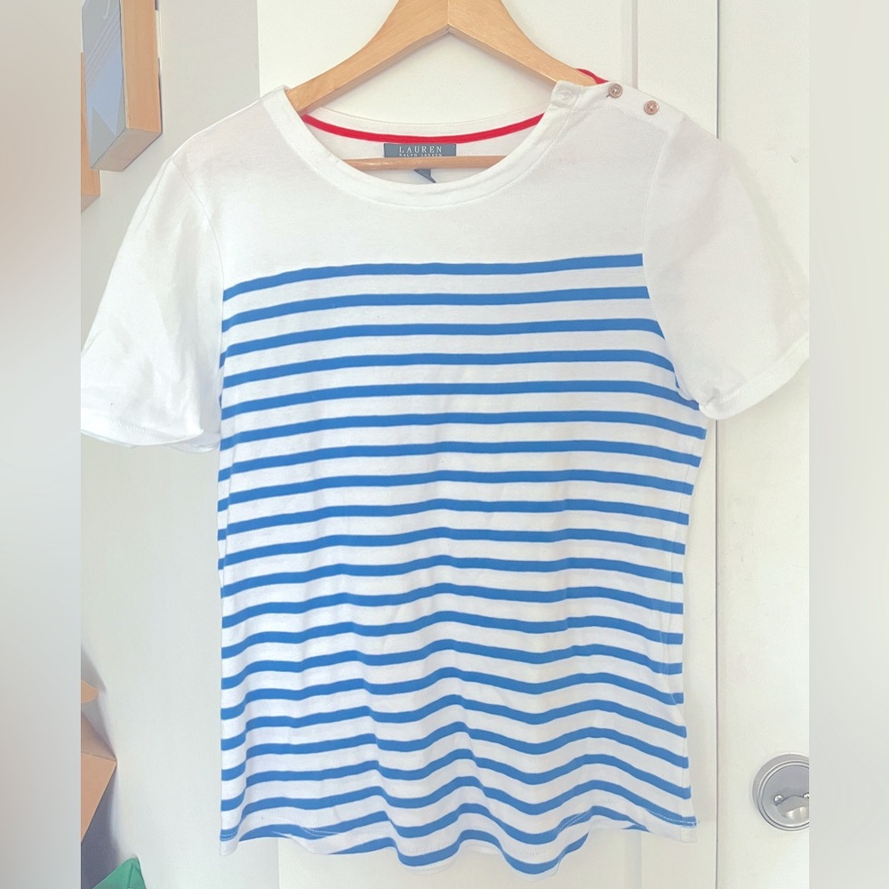 Ralph Lauren White and blue striped nautical t-shirt with snap button shoulder
